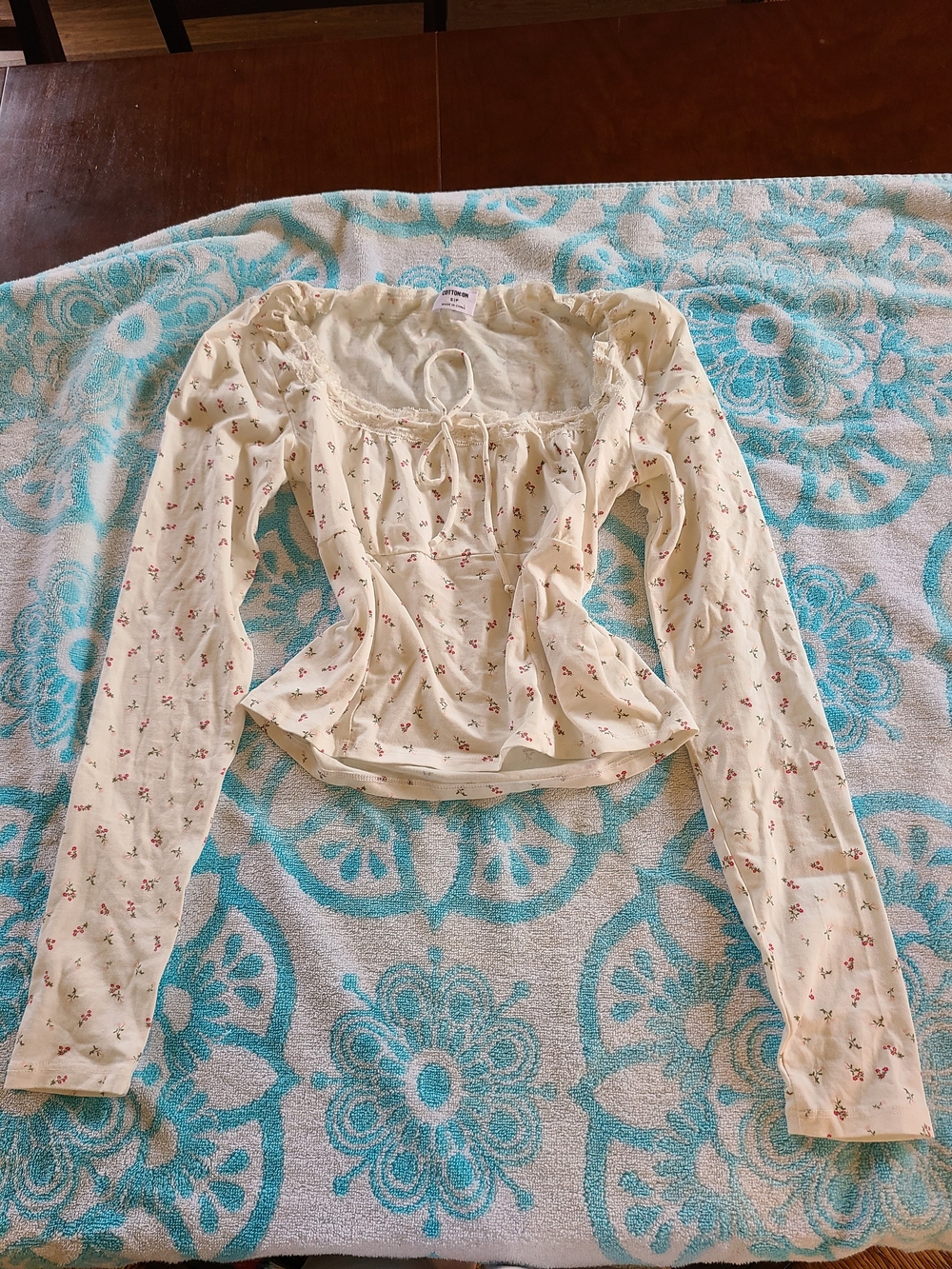 Cotton On Cream Floral Tie-Neck Long Sleeve Top